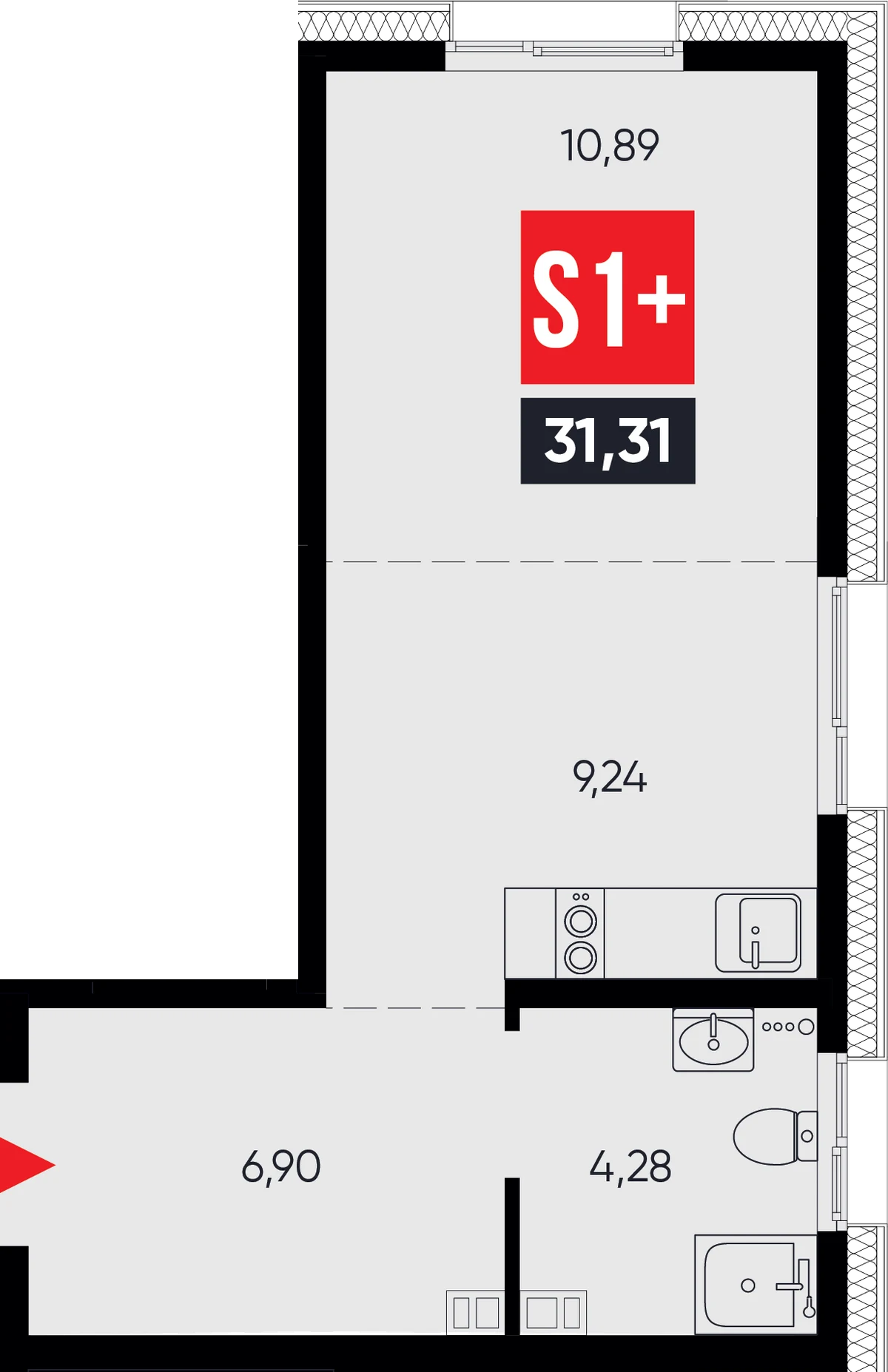 ЖК «Смартаменты» — планировка студии 31,31 м² (S1+)