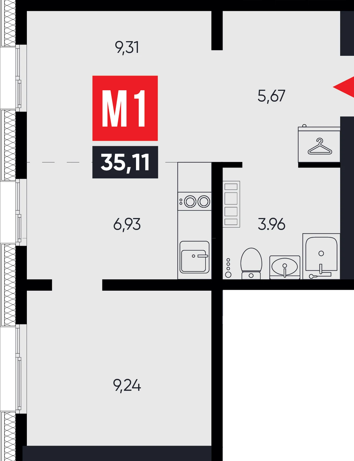ЖК «Смартаменты» — планировка 1-комнатной 35,11 м² (M1)