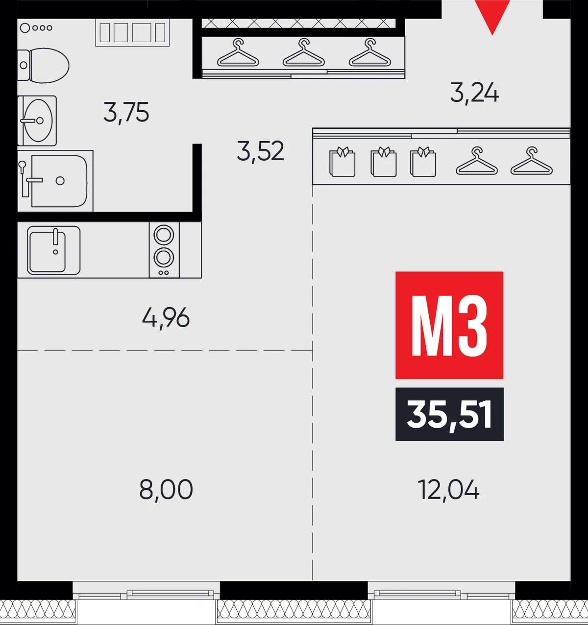 ЖК «Смартаменты» — планировка 1-комнатной 35,51 м² (M3)