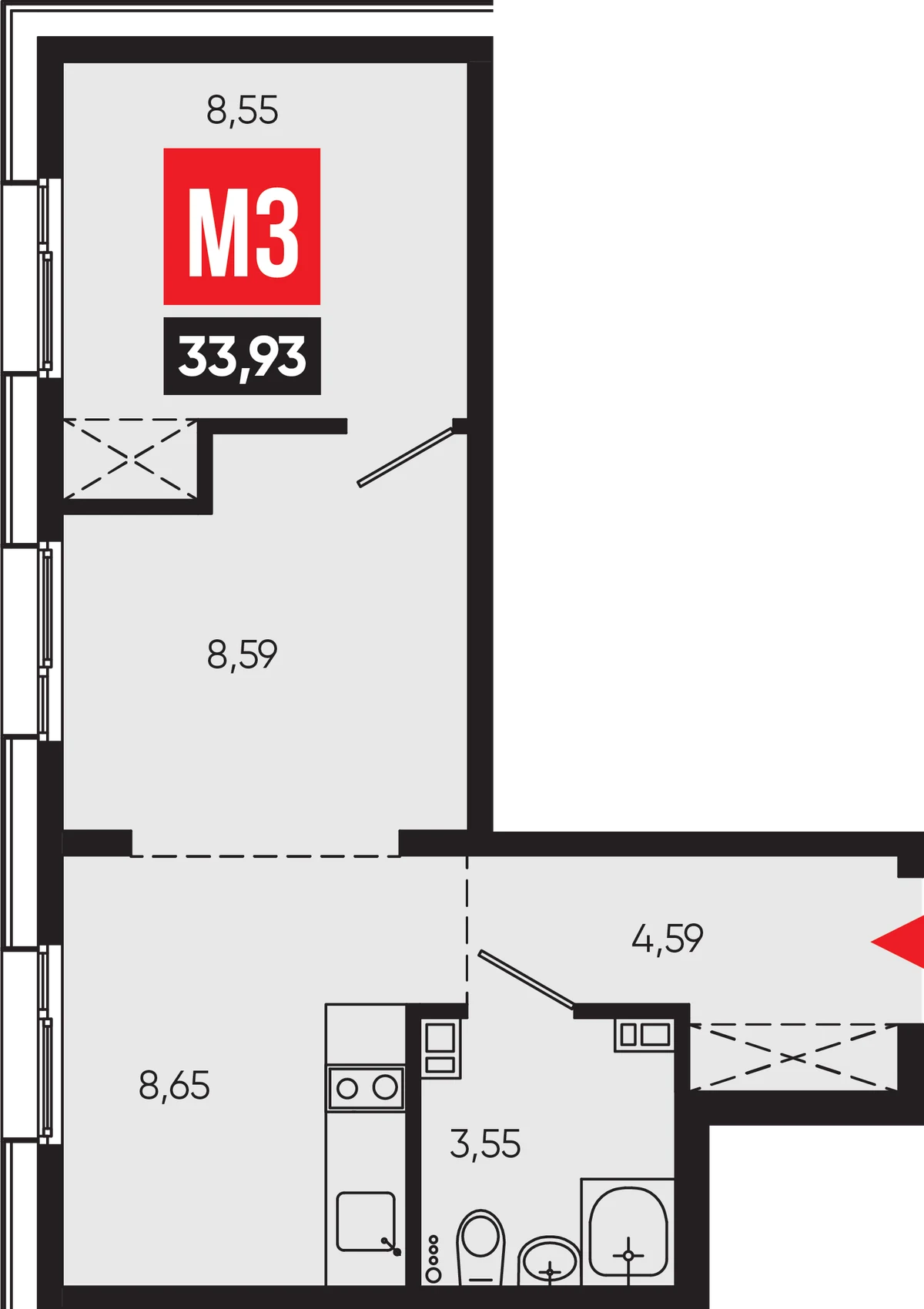 ЖК «Смартаменты» — планировка 1-комнатной 33,93 м² (M3)