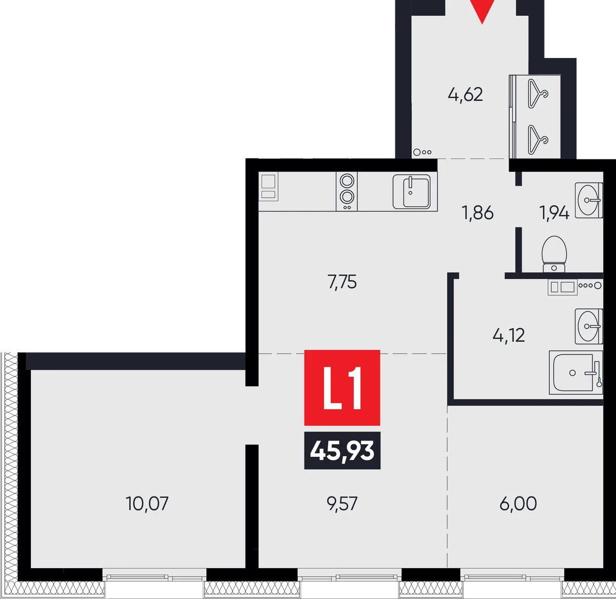 ЖК «Смартаменты» — планировка 2-комнатной 45,93 м² (L1)