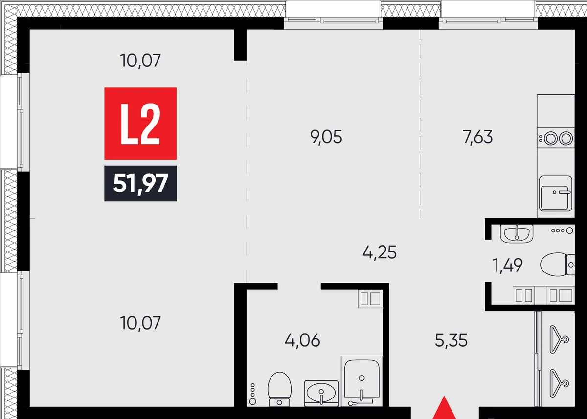 ЖК «Смартаменты» — планировка 3-комнатной 51,97 м² (L2)
