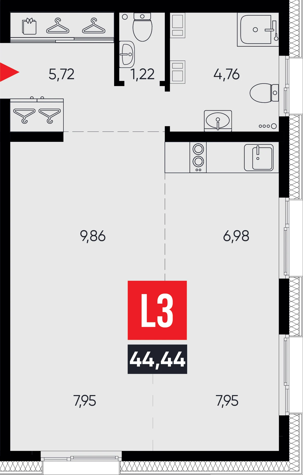 ЖК «Смартаменты» — планировка 2-комнатной 44,44 м² (L3)