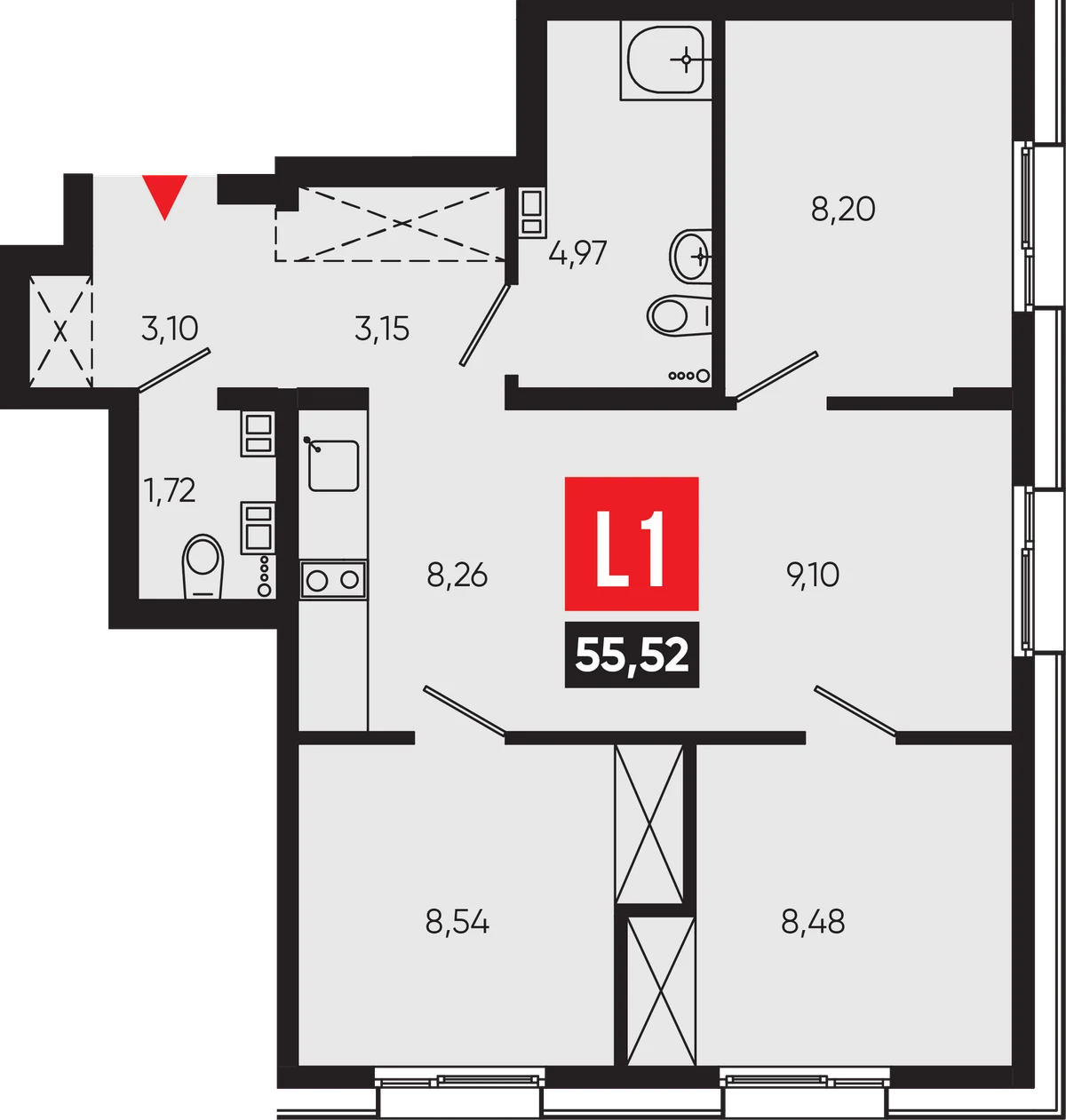 ЖК «Смартаменты» — планировка 3-комнатной 55,52 м² (L1)